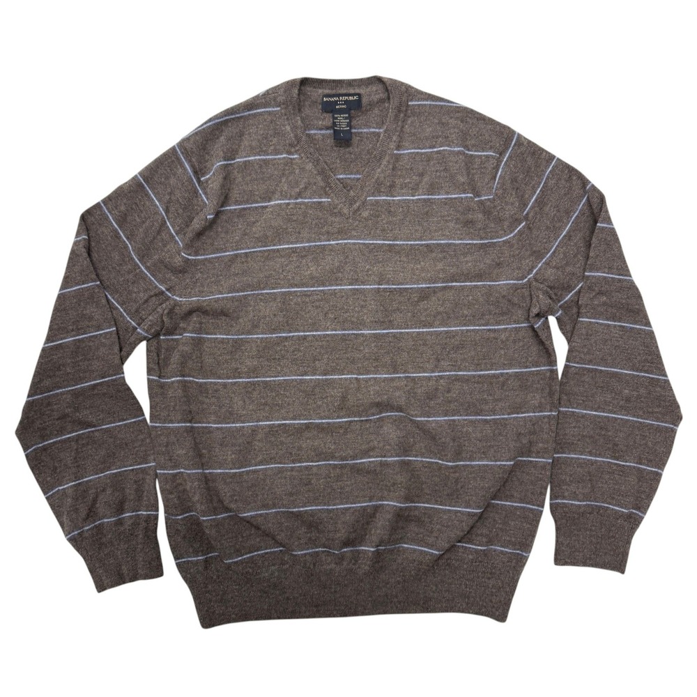 Banana Republic Men Merino Wool V-Neck Striped Sweater Brown Blue Large Pullover